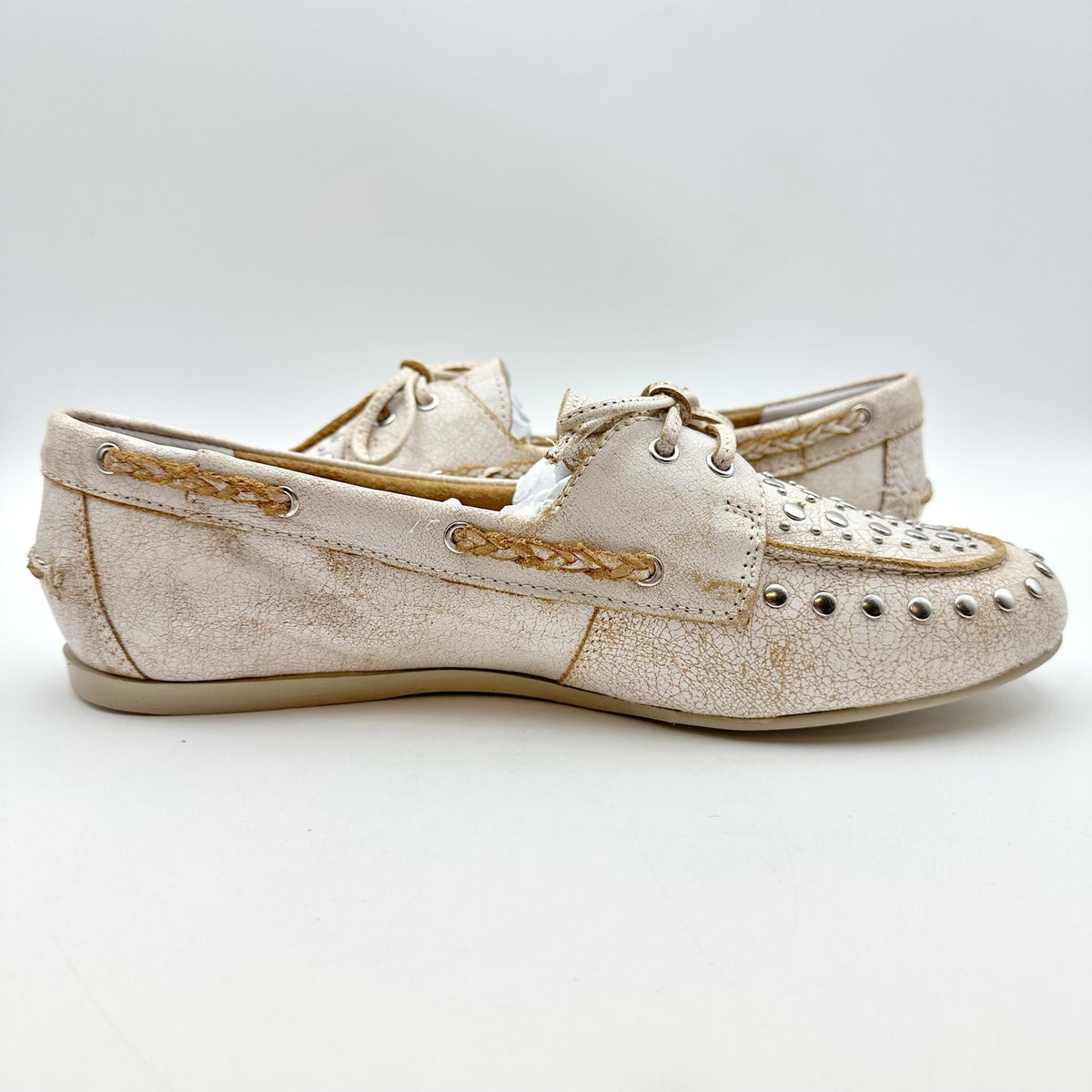 Lucky Brand Womens Timini Studded Loafers Size 9 Distressed White Leather NIB