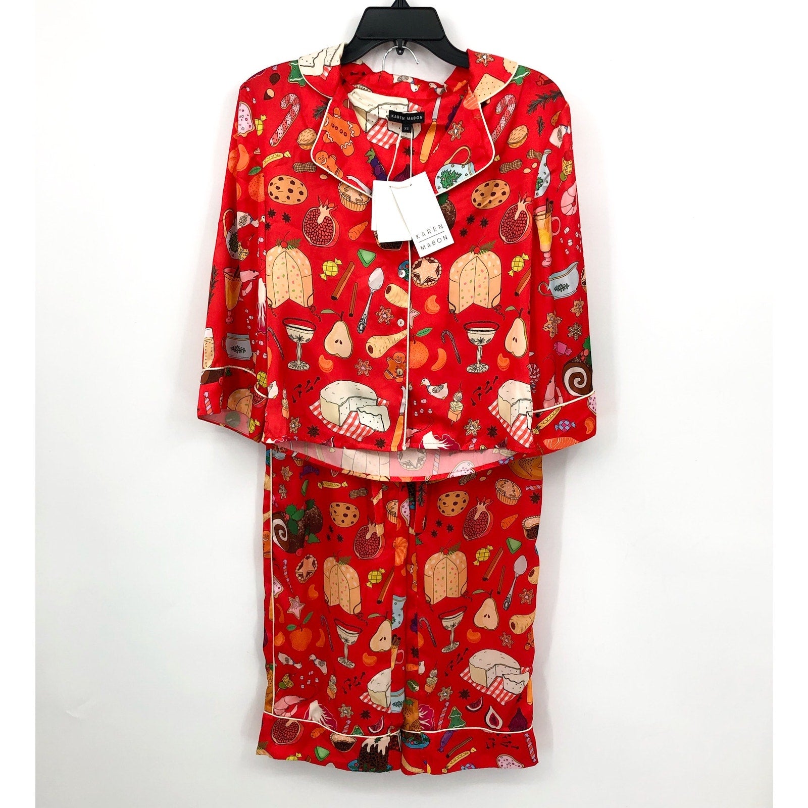 KAREN MABON Women's Holiday Feast Pajama Set XS Red Print Long Sleeve NWT