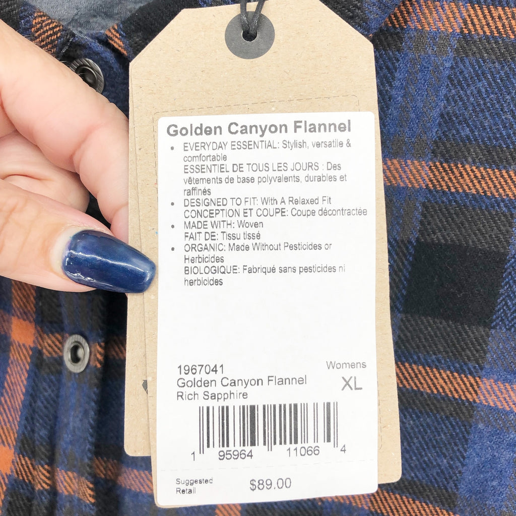 PRANA Women's Golden Canyon Flannel XL Rich Sapphire Blue Plaid Button Shirt NWT