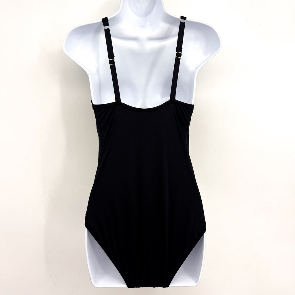 TOMMY BAHAMA Pearl V-Neck One Piece Swimsuit Size 6 Black Solid Cross Front NWT