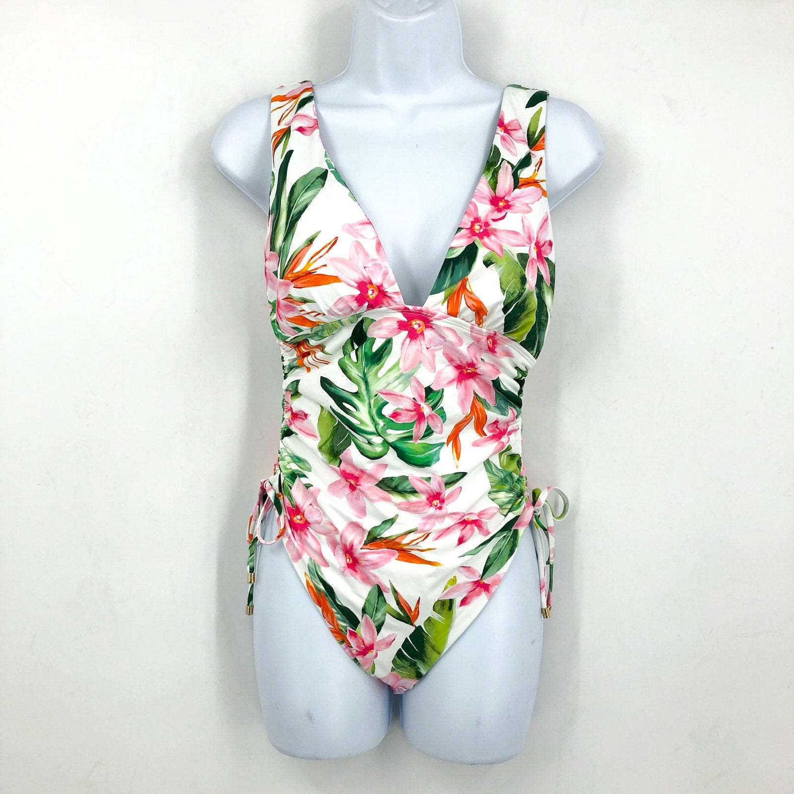 LAUREN RALPH LAUREN Plunge One Piece Swimsuit Size 12 White Tropical Floral NWT