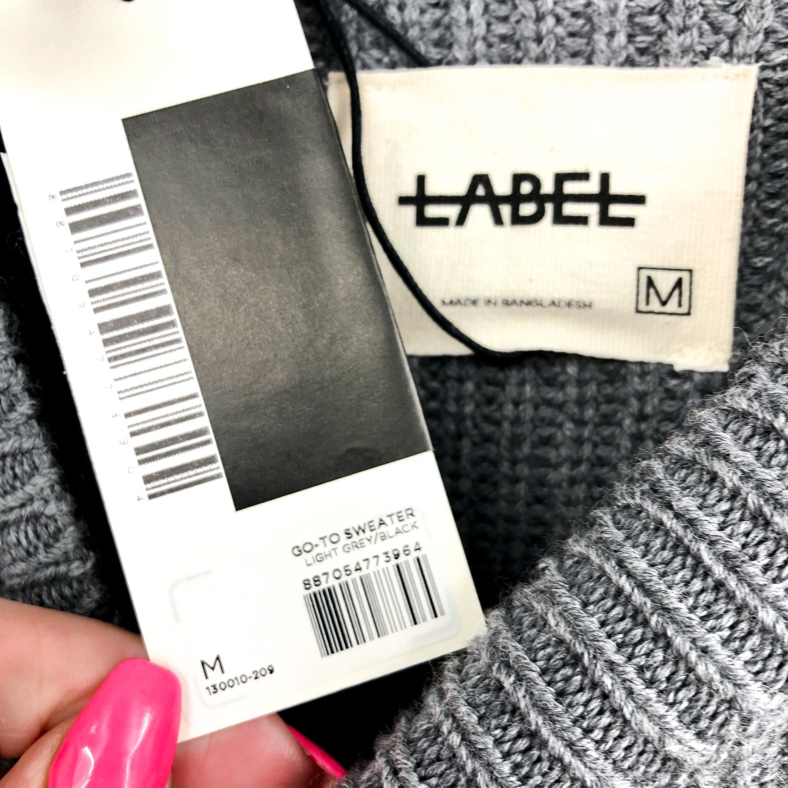 LABEL Mens Go-To Sweater Medium Light Grey Black Knit Crewneck MERINO WOOL  NWT