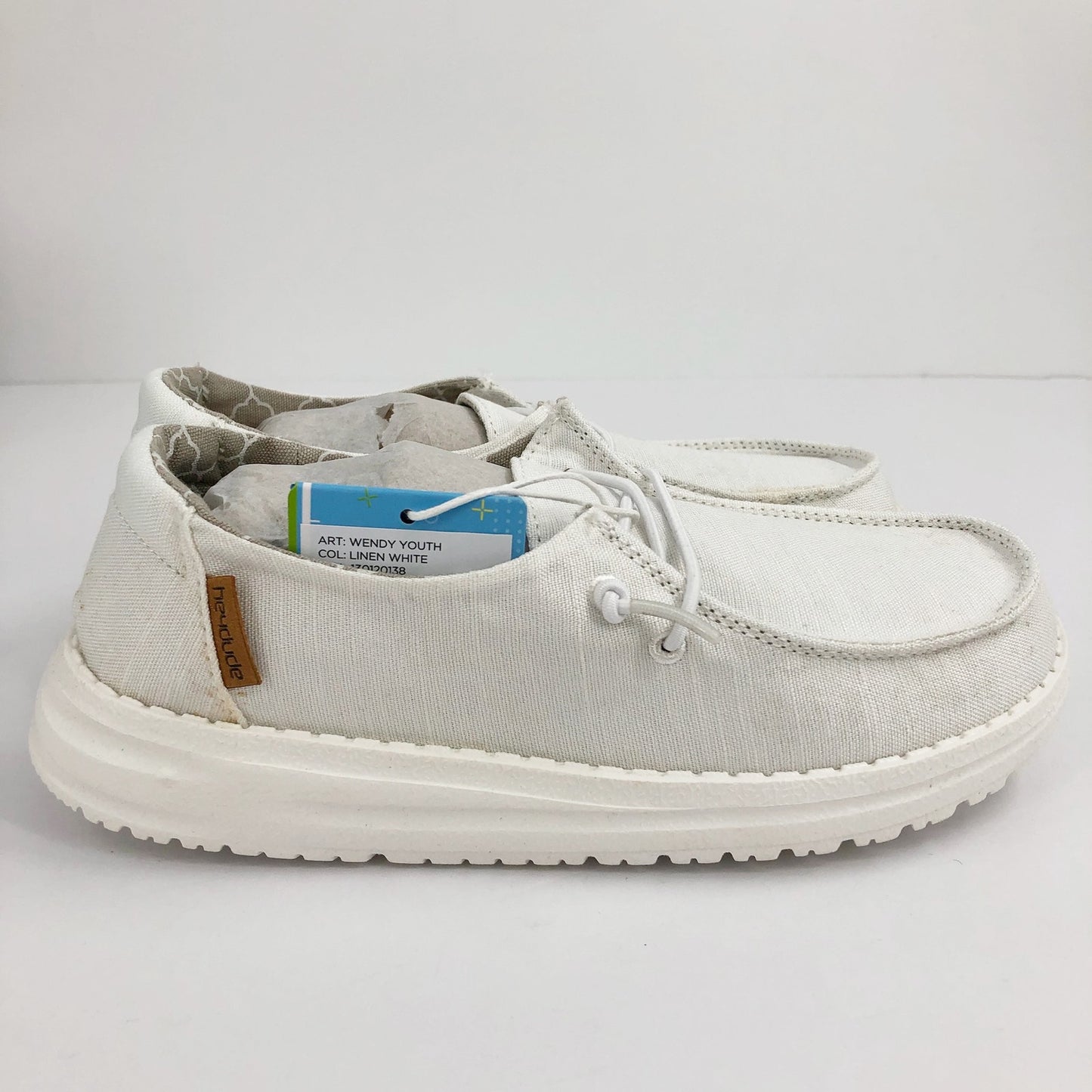 HEYDUDE Wendy Youth Loafers US Girls Y2 Linen White Slip On Casual NIB