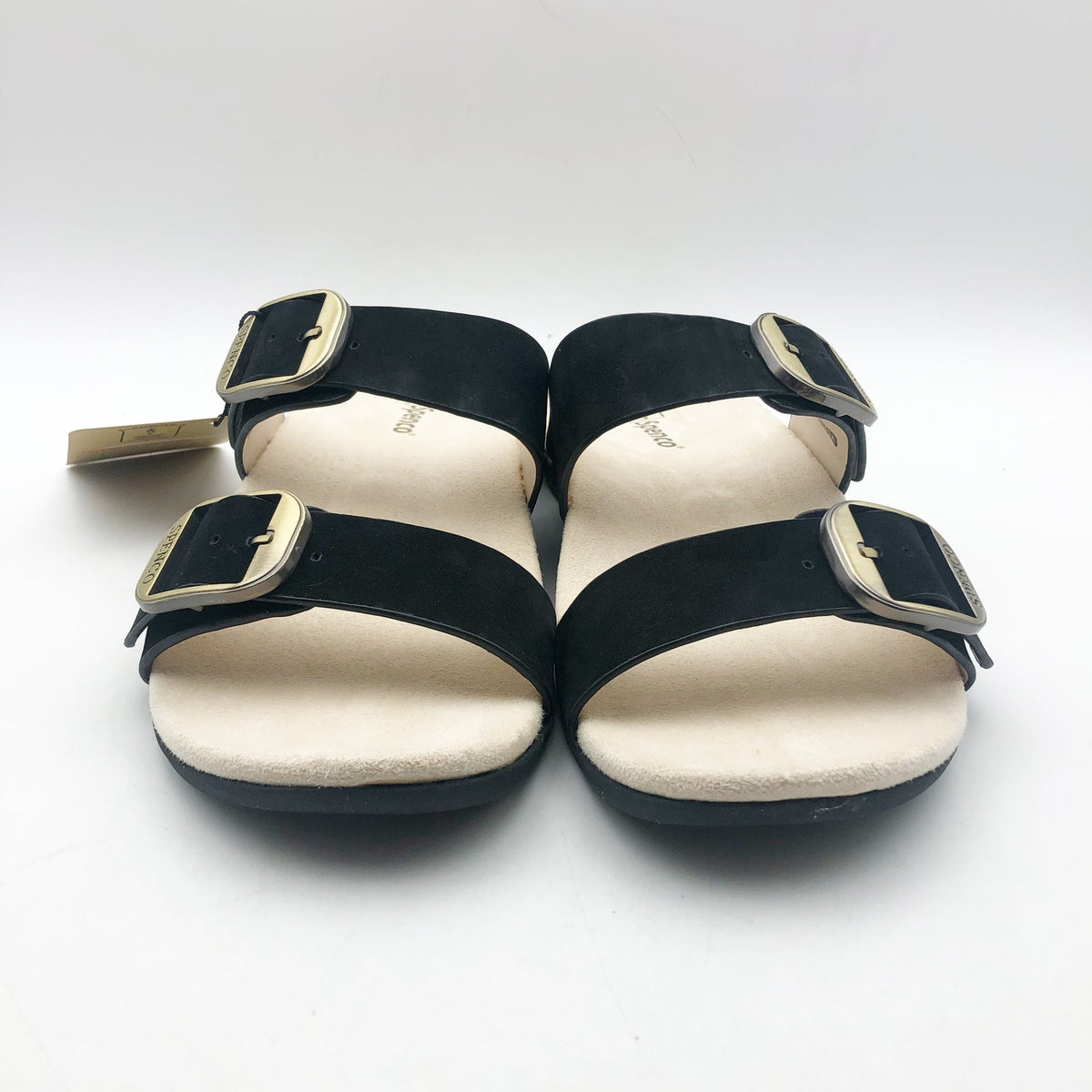 Spenco Womens Vista Slip On Sandals US 7.5 WIDE Black Leather Arch Support NIB