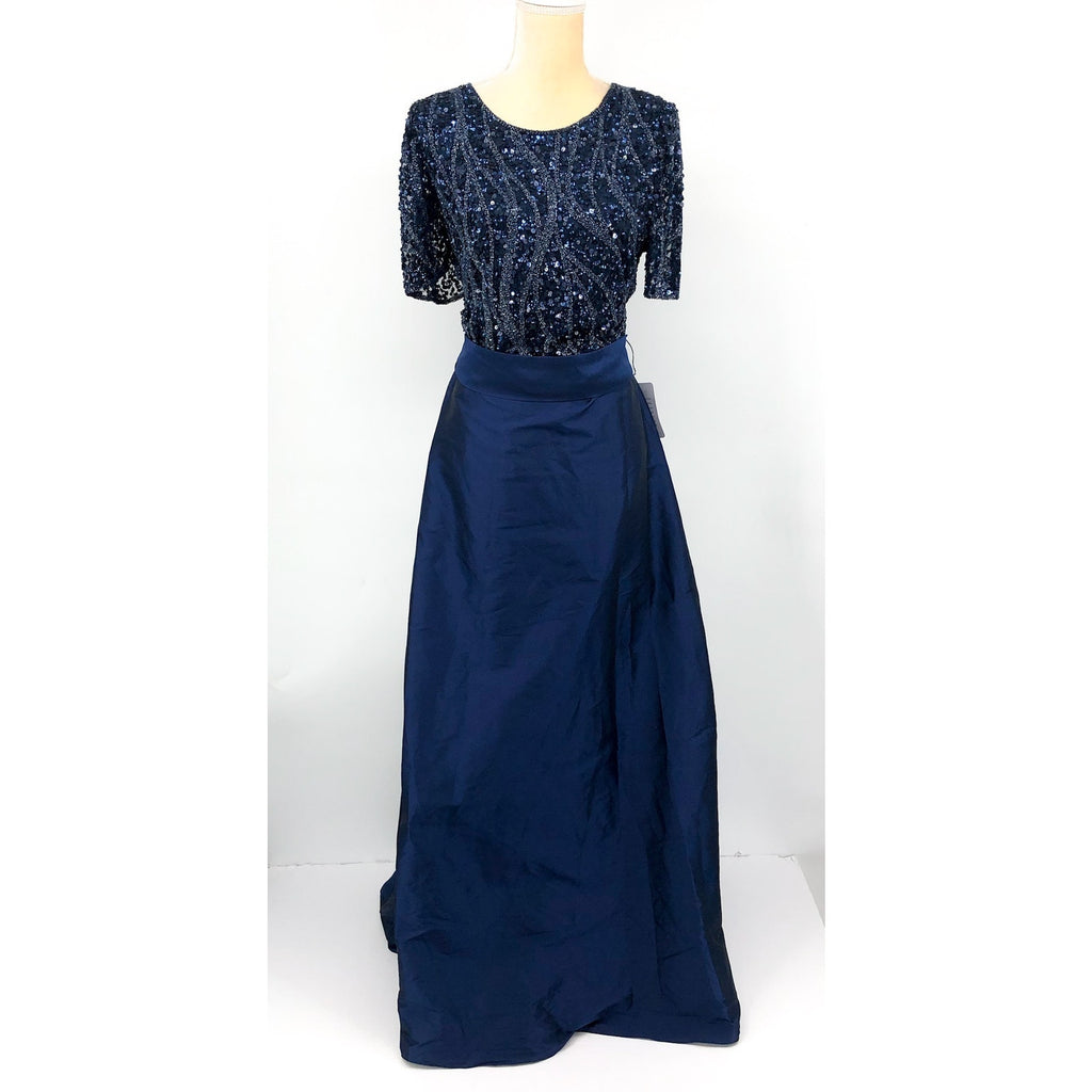 PISARRO NIGHTS Beaded Sequin Taffeta Skirt Gown 18W Navy Blue NWT