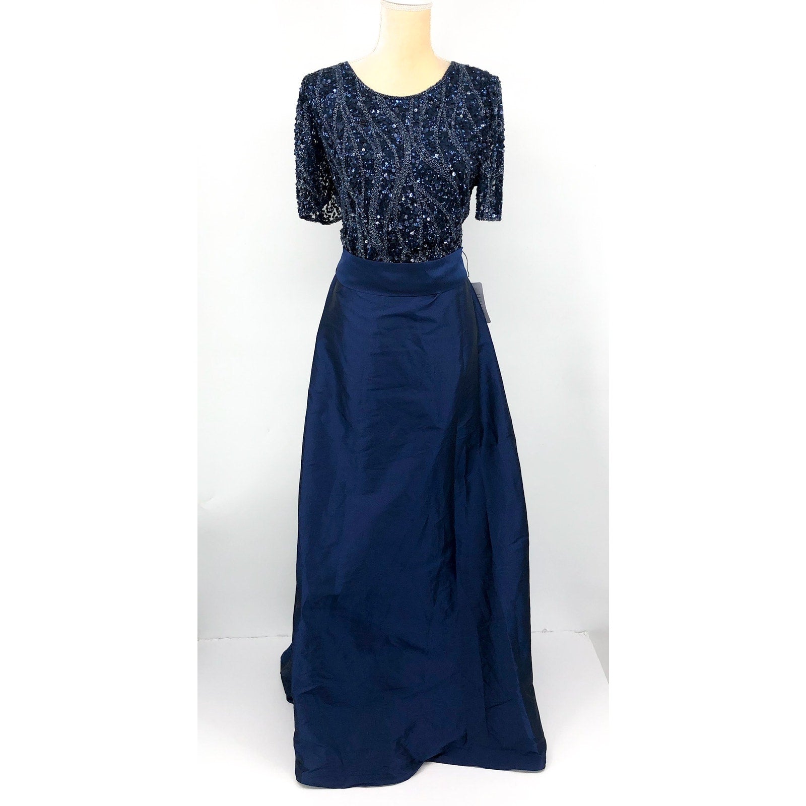 PISARRO NIGHTS Beaded Sequin Taffeta Skirt Gown 18W Navy Blue NWT