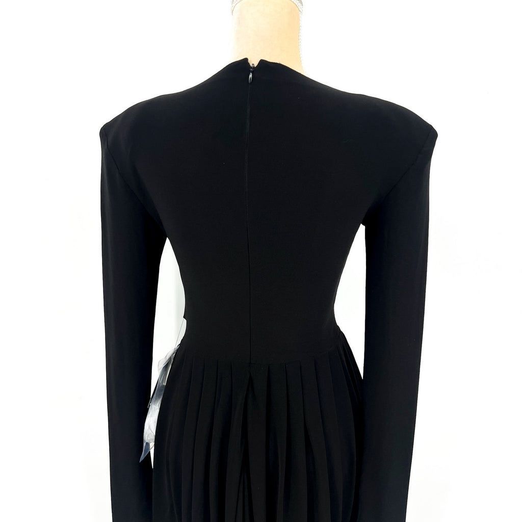NORMA KAMALI Shoulder Pad Waterfall Dress XS/34 Black V Neck Stretch LS NWT
