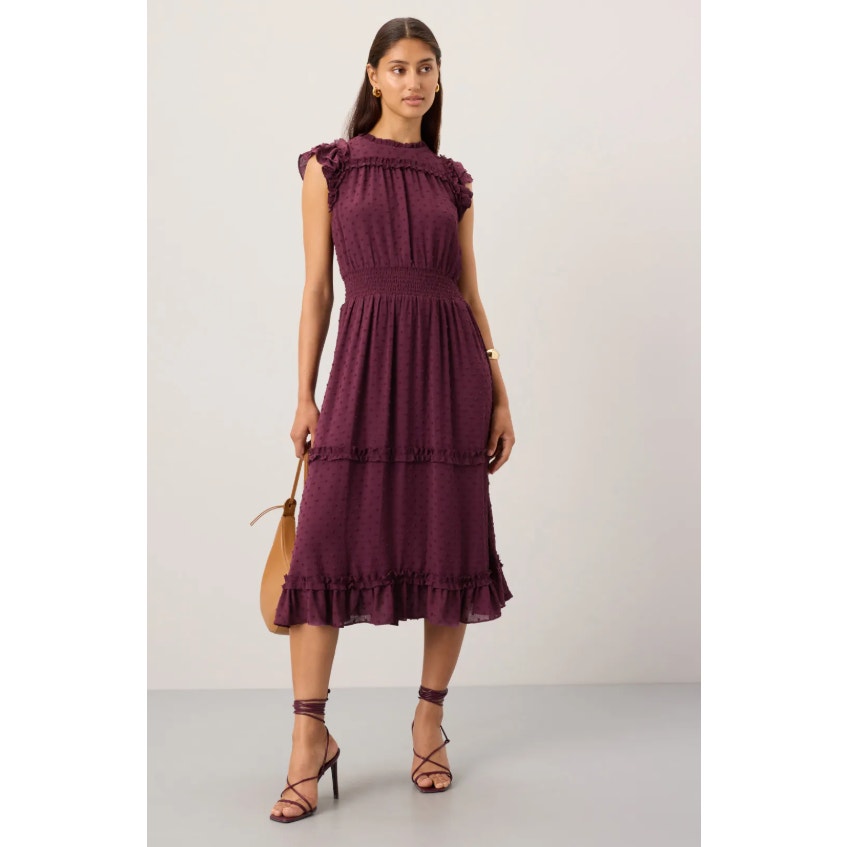 CECE Women's Ruffled Midi Dress Medium Red Rich Flutter Sleeve Swiss Dot NWT