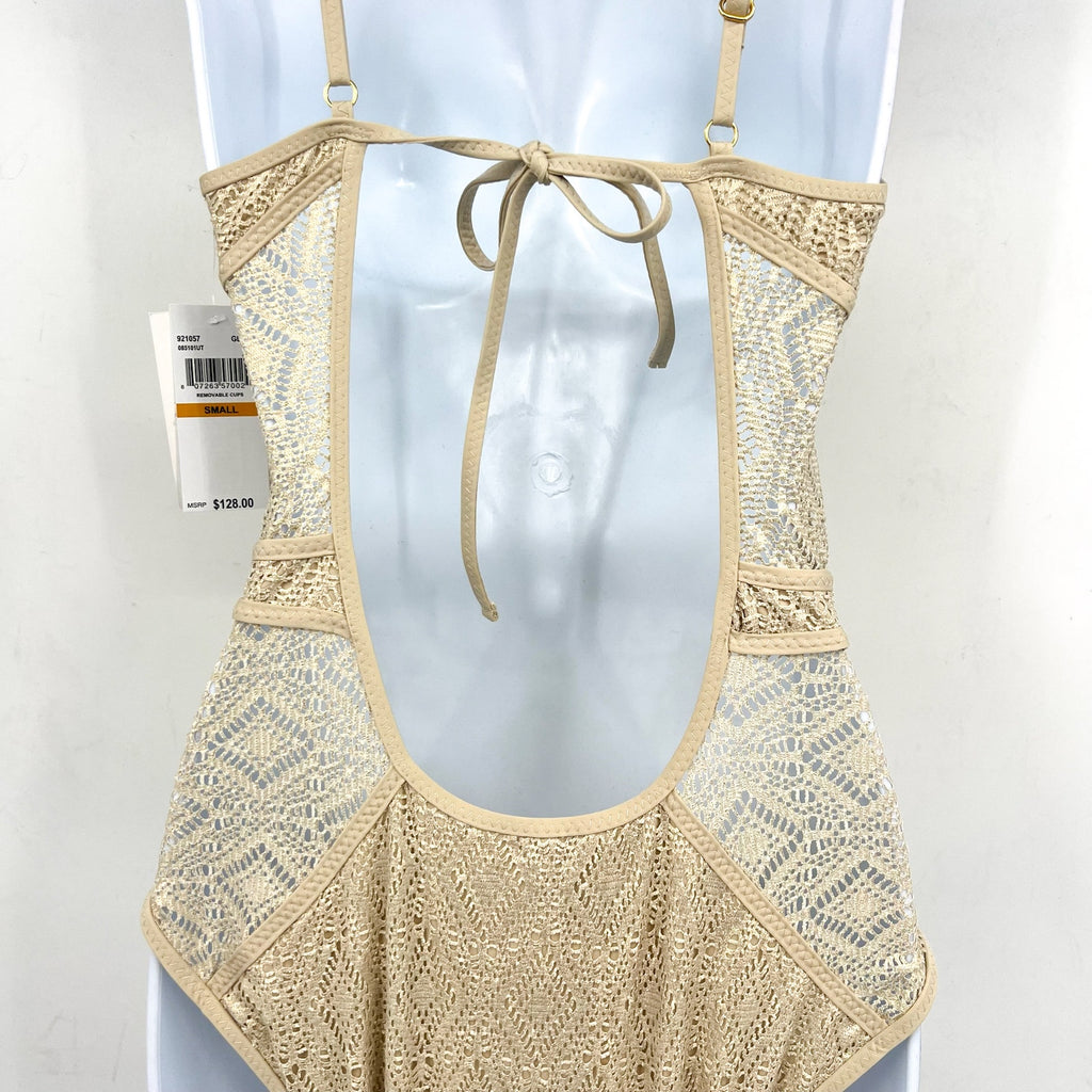 BECCA Women's Polished Crochet Plunge One Piece Swimsuit Small Gold NWT