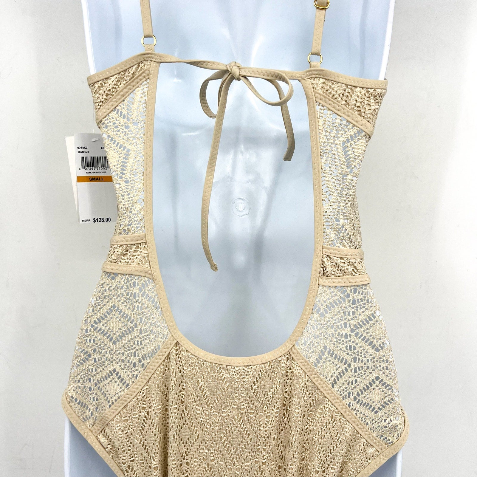 BECCA Women's Polished Crochet Plunge One Piece Swimsuit Small Gold NWT