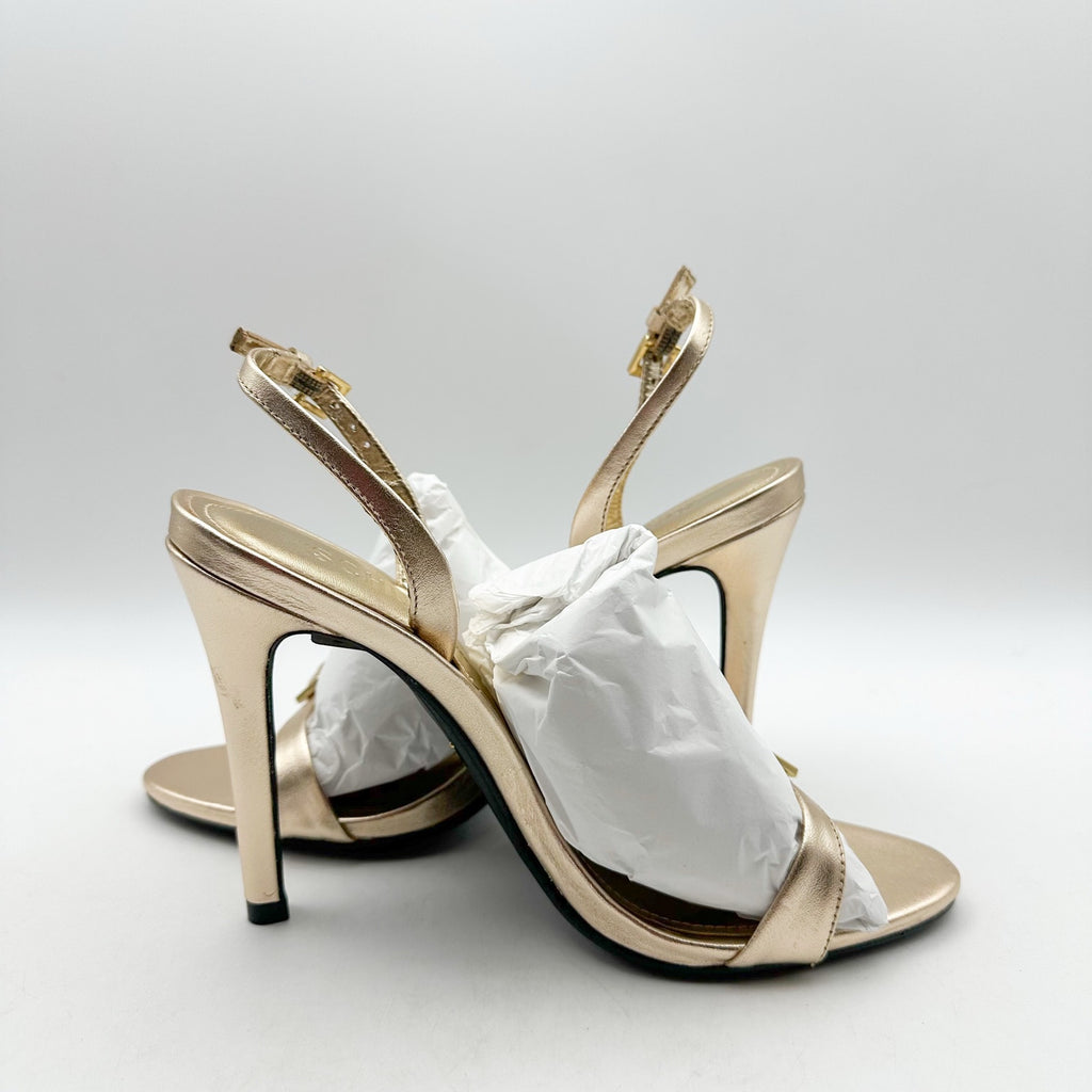 SCHUTZ Womens Aurora Sling Heeled Sandals Size 7.5 Platina Gold Stiletto NWOB