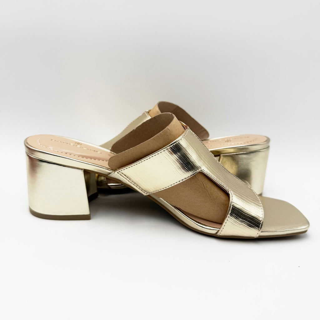 Bandolino Womens Merring Block Heel Slide Sandals Size 9 Gold Lizard NIB