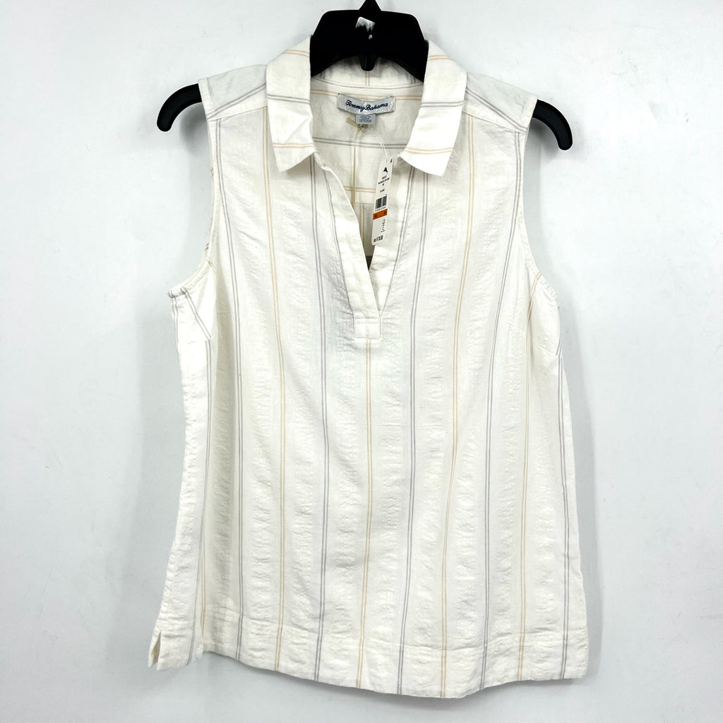 TOMMY BAHAMA Womens Palm View Popover Top Small White Linen-Blend Striped NWT