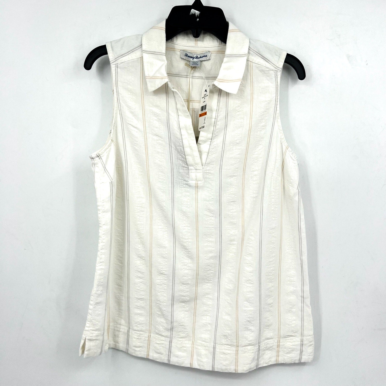 TOMMY BAHAMA Womens Palm View Popover Top Small White Linen-Blend Striped NWT