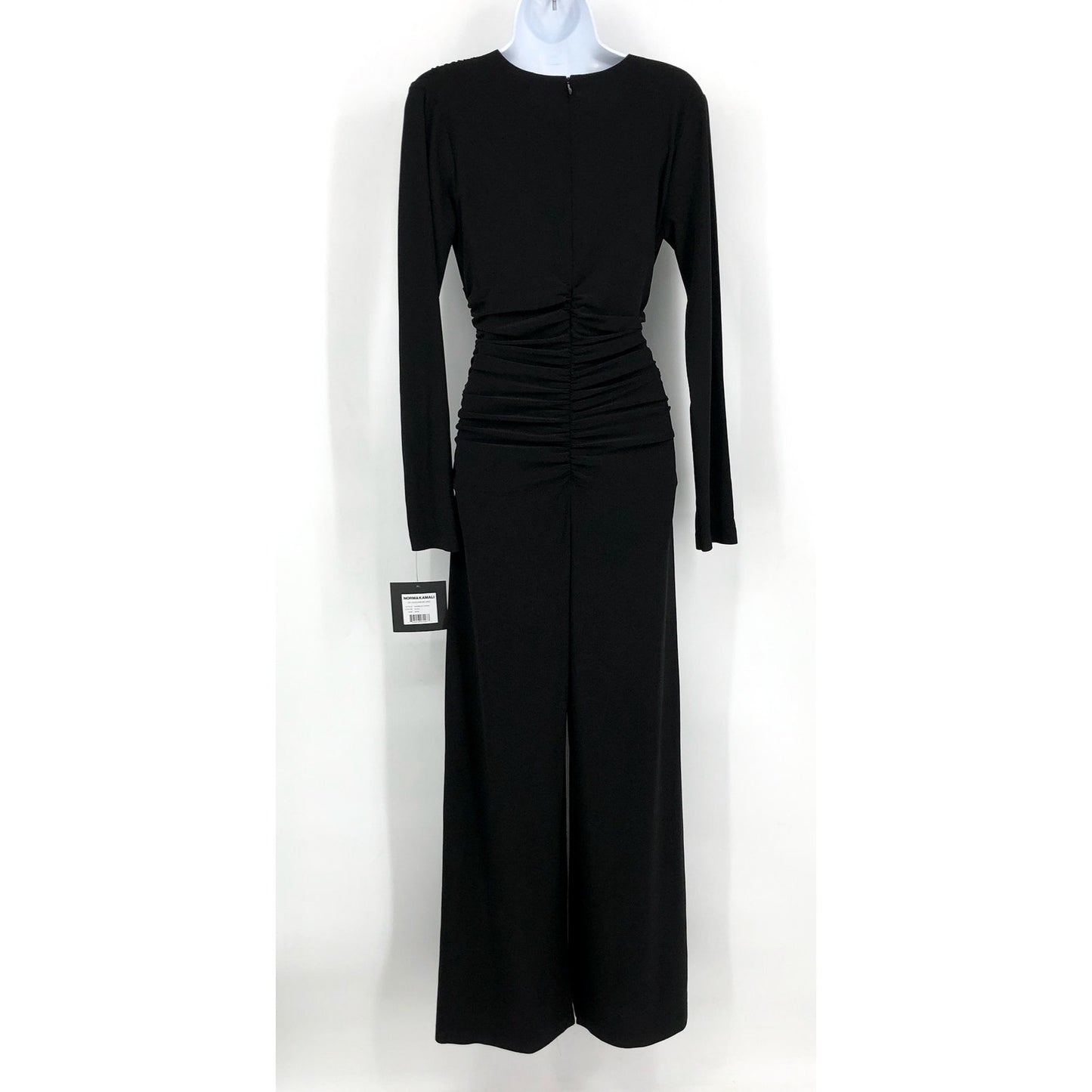 NORMA KAMALI V-Neck Long Sleeve Jumpsuit Large 40 Black Shirred Waist NWT