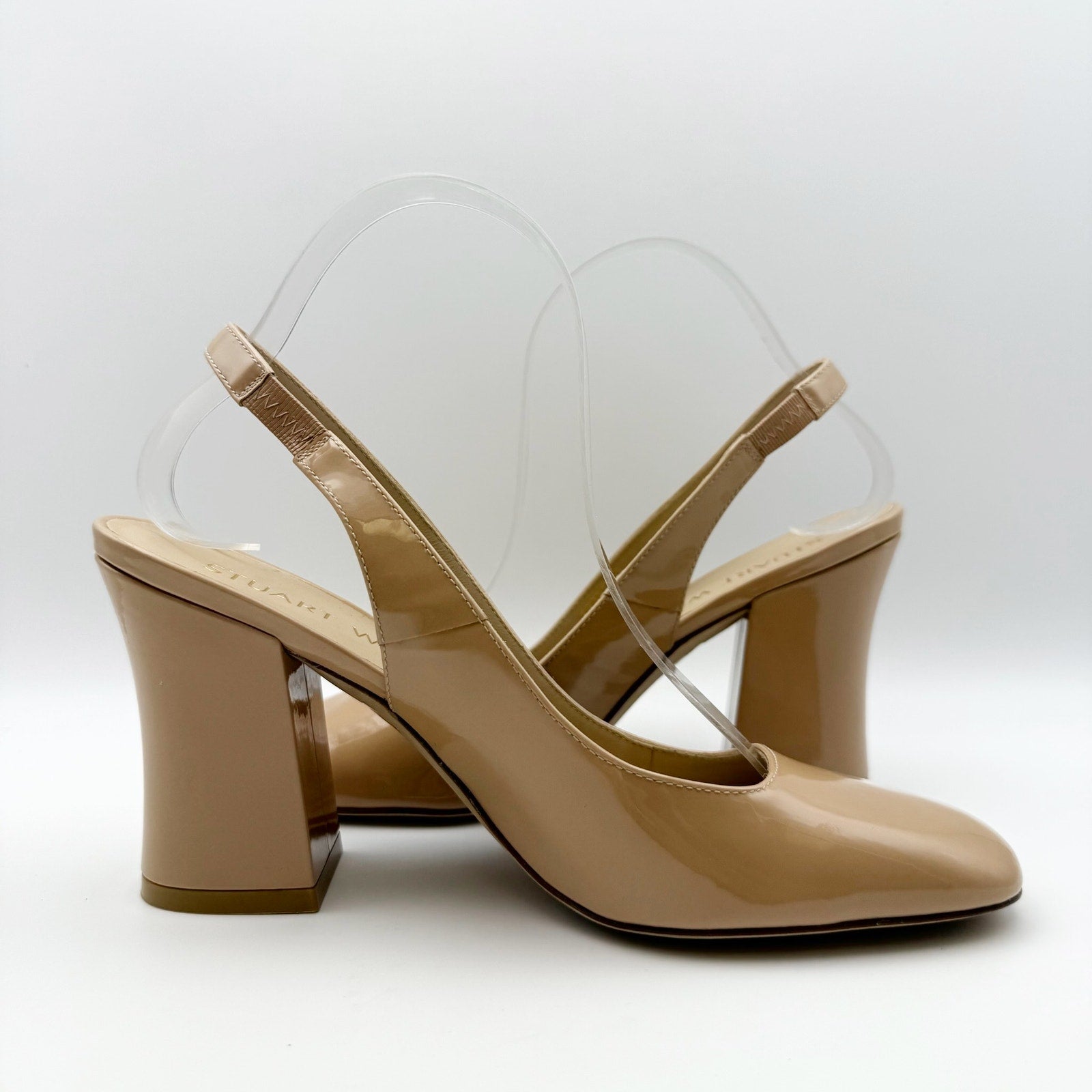 Stuart Weitzman Womens Curve Block Slingback Heels US 8 Nude Patent Leather NWOB