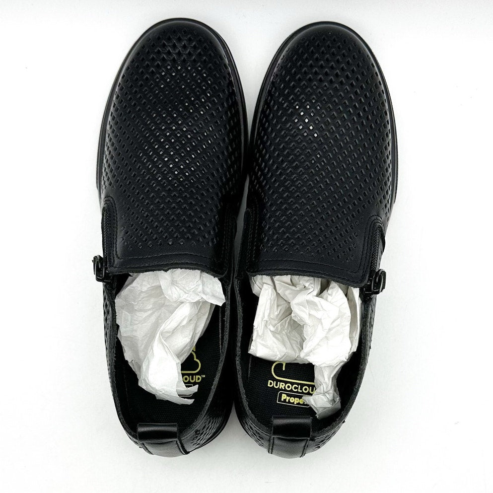 Propet Womens Kate Casual Sneaker Size 7.5 Black Perforated Leather Slip-On NWOB