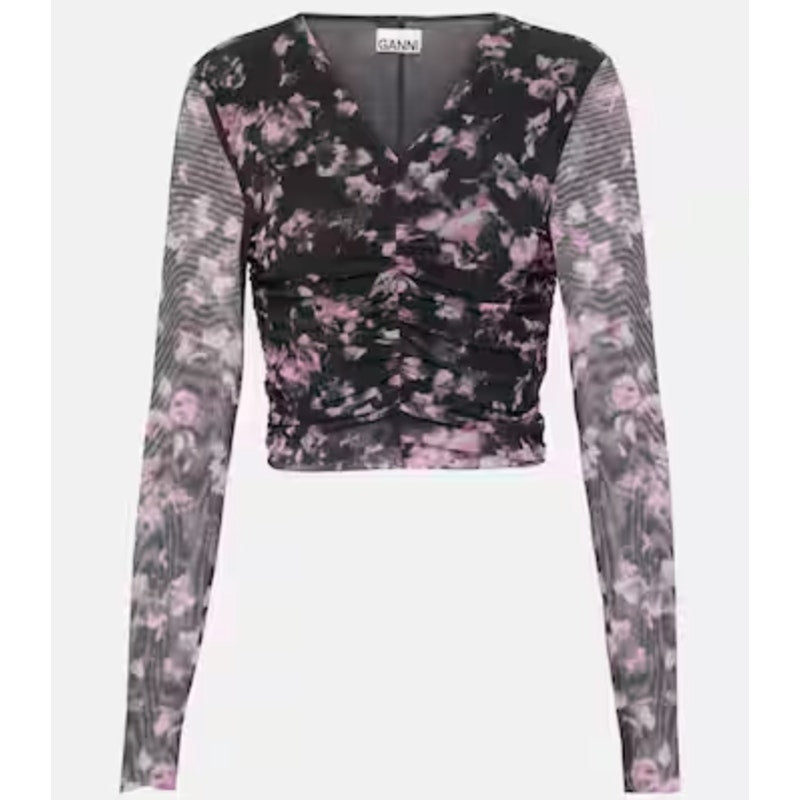 GANNI Women's Floral Mesh Crop Top Size 34 US 2 Black Pink Long Sleeve NWOT