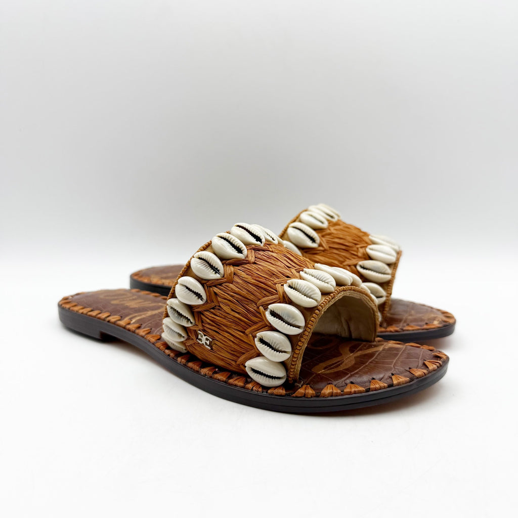 Sam Edelman Womens Gale Sandals US 7.5 M Cognac Tan Seashell Detail Slip On NIB
