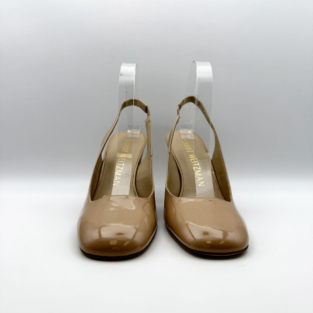Stuart Weitzman Womens Curve Block Slingback Heels US 8 Nude Patent Leather NWOB