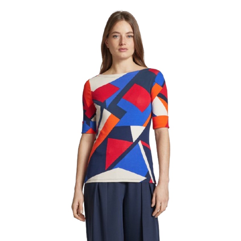 LAUREN RALPH LAUREN Judy Top Large Blue Red Geometric Mid-Sleeve NWT