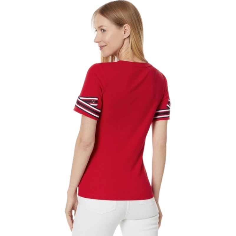 Tommy Hilfiger Womens Ribbon Cuff Logo T-Shirt Small Red Crewneck Cotton NWT
