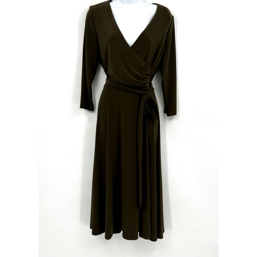 LAUREN RALPH LAUREN Surplice Jersey Dress Size 8 Olive Green Faux Wrap Belt NWT