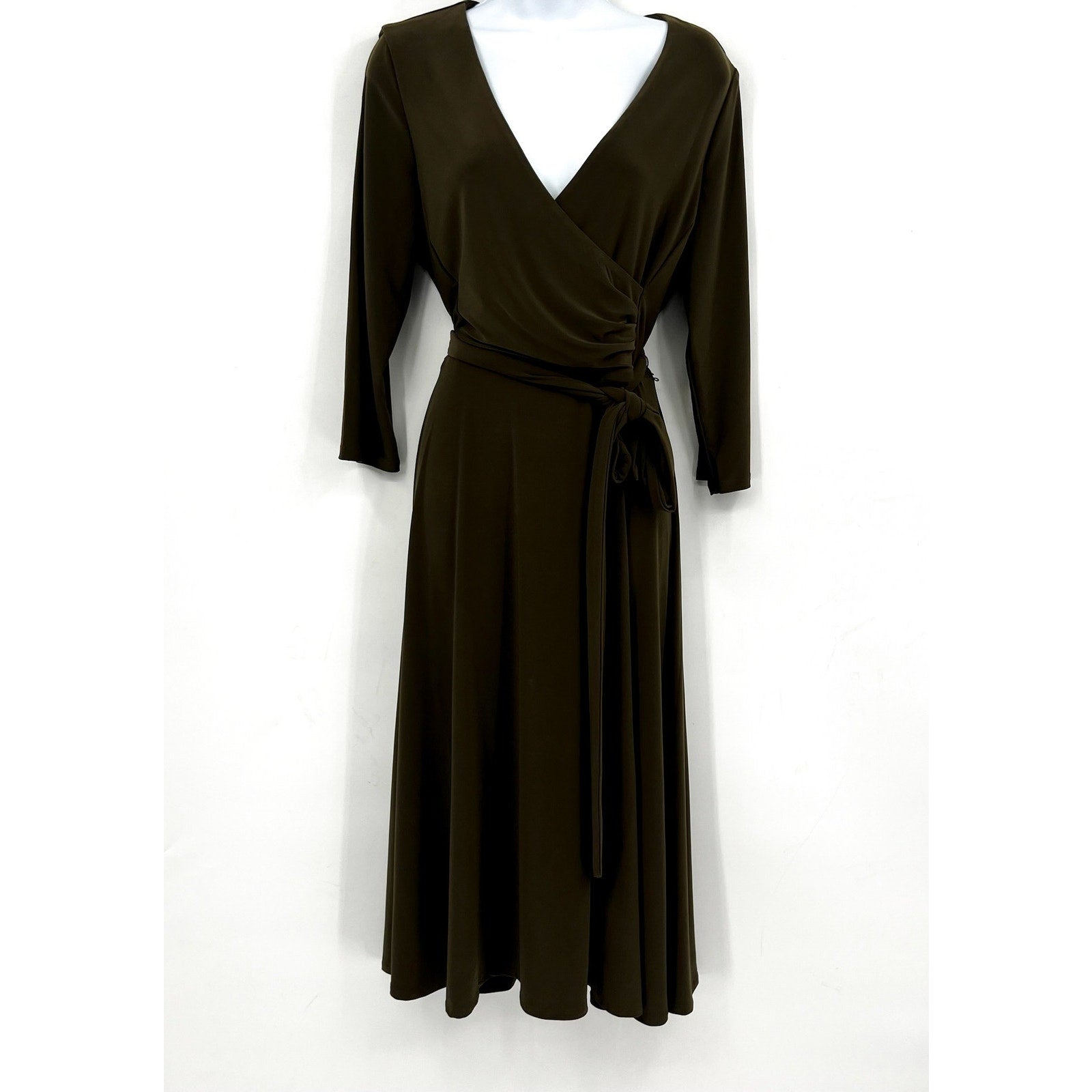 LAUREN RALPH LAUREN Surplice Jersey Dress Size 8 Olive Green Faux Wrap Belt NWT