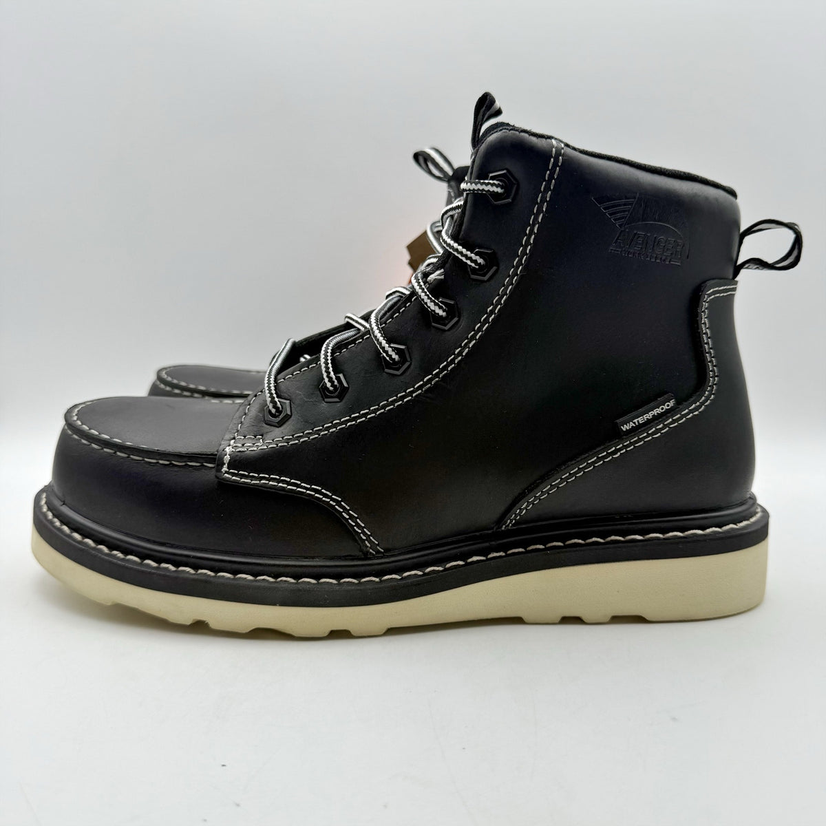 AVENGER Mens Wedge Moc Carbon Safety Toe Work Boots 7 Wide Black Leather WP NIB