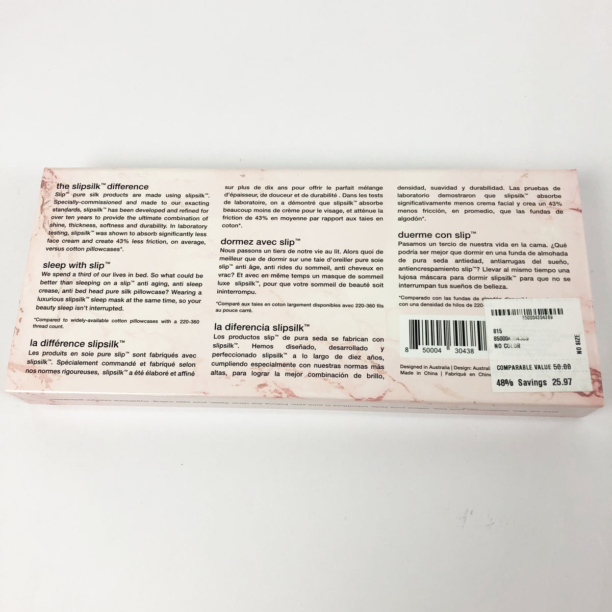 SLIP Women's Silk Sleep Mask Pink Marble 100% Pure Mulberry (One Size) NIB
