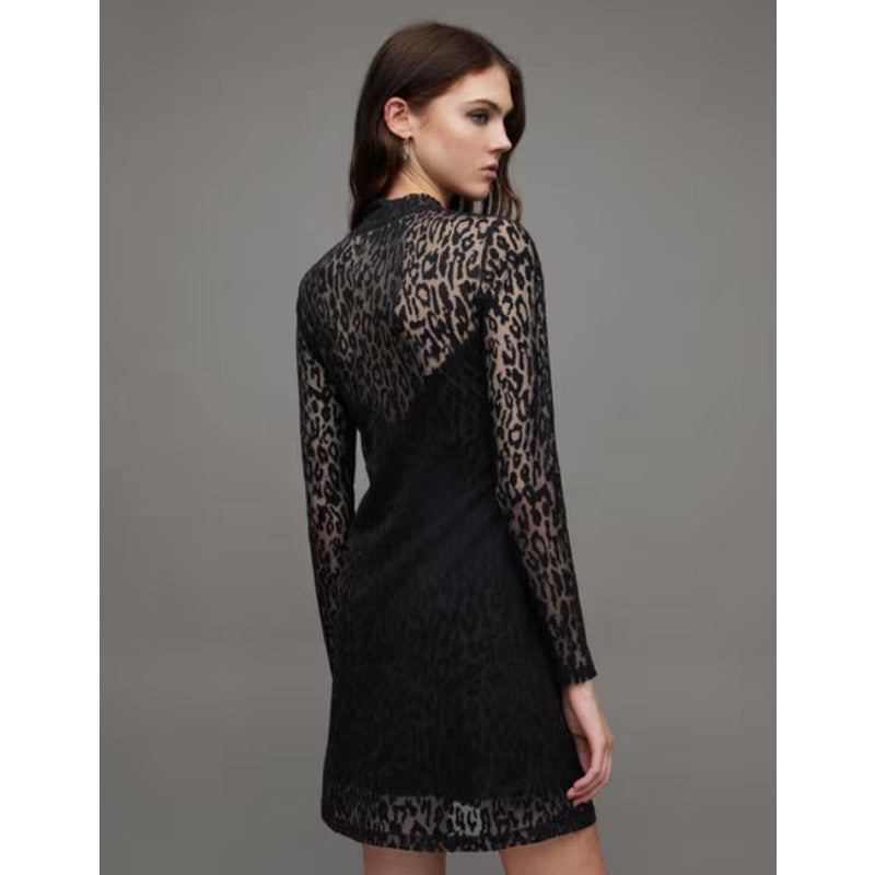 ALLSAINTS Women's Hanna Anita Devore Leopard Print Mini Dress Size 10 Black NWT