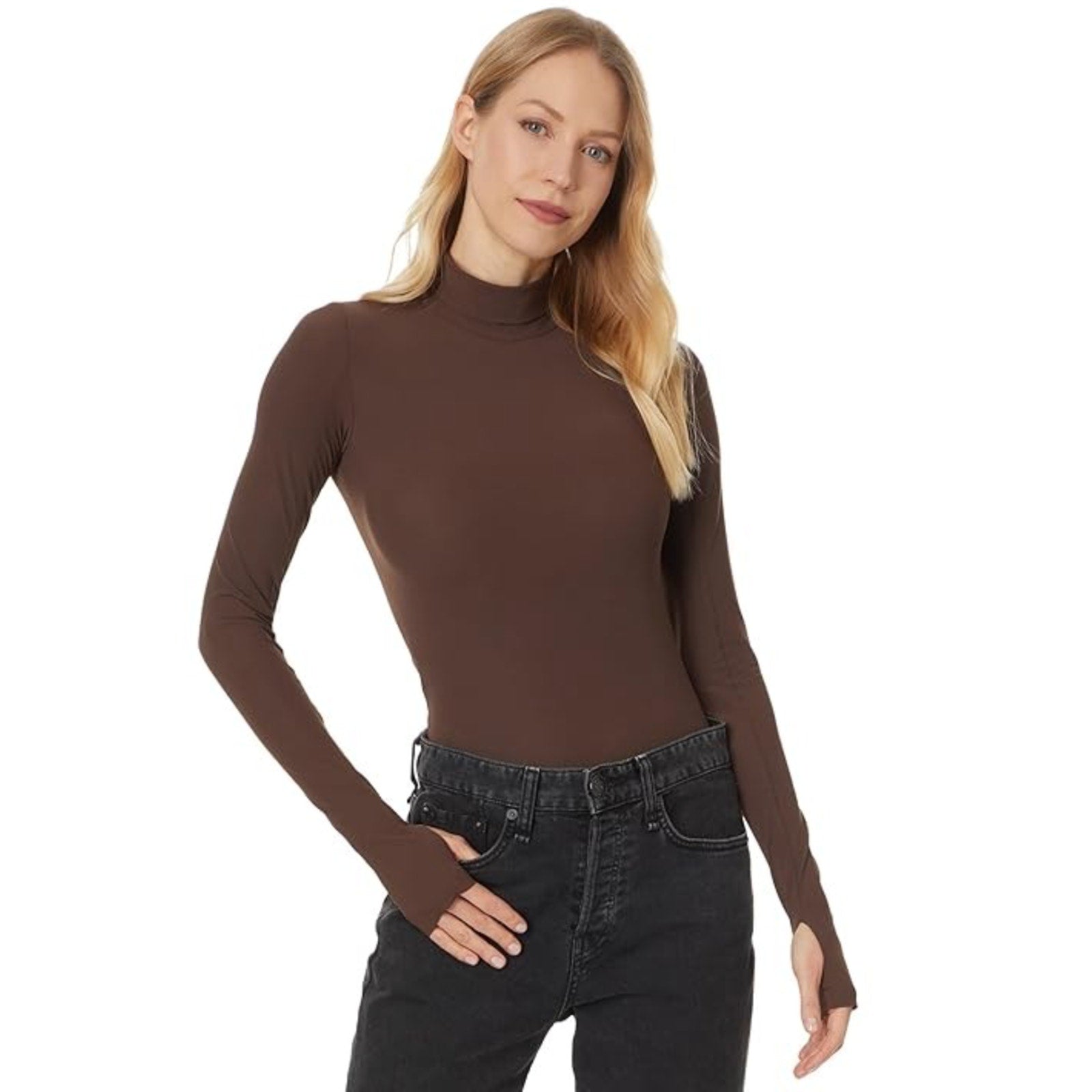 COMMANDO Women's Turtleneck Bodysuit Small Brown Long Sleeve Thumbholes NWT