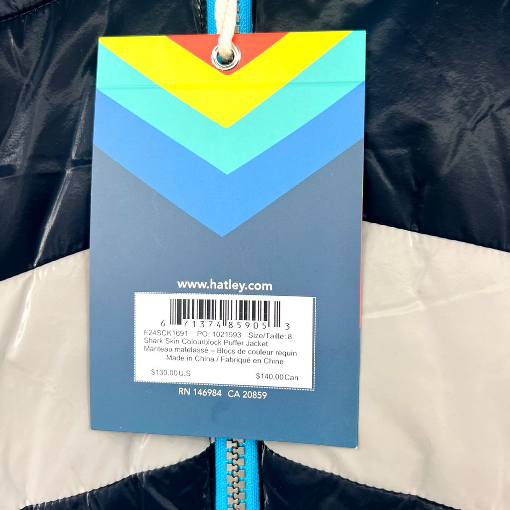HATLEY Boys Shark Skin Puffer Jacket Size 8 Navy Blue Colorblock Hooded NWT