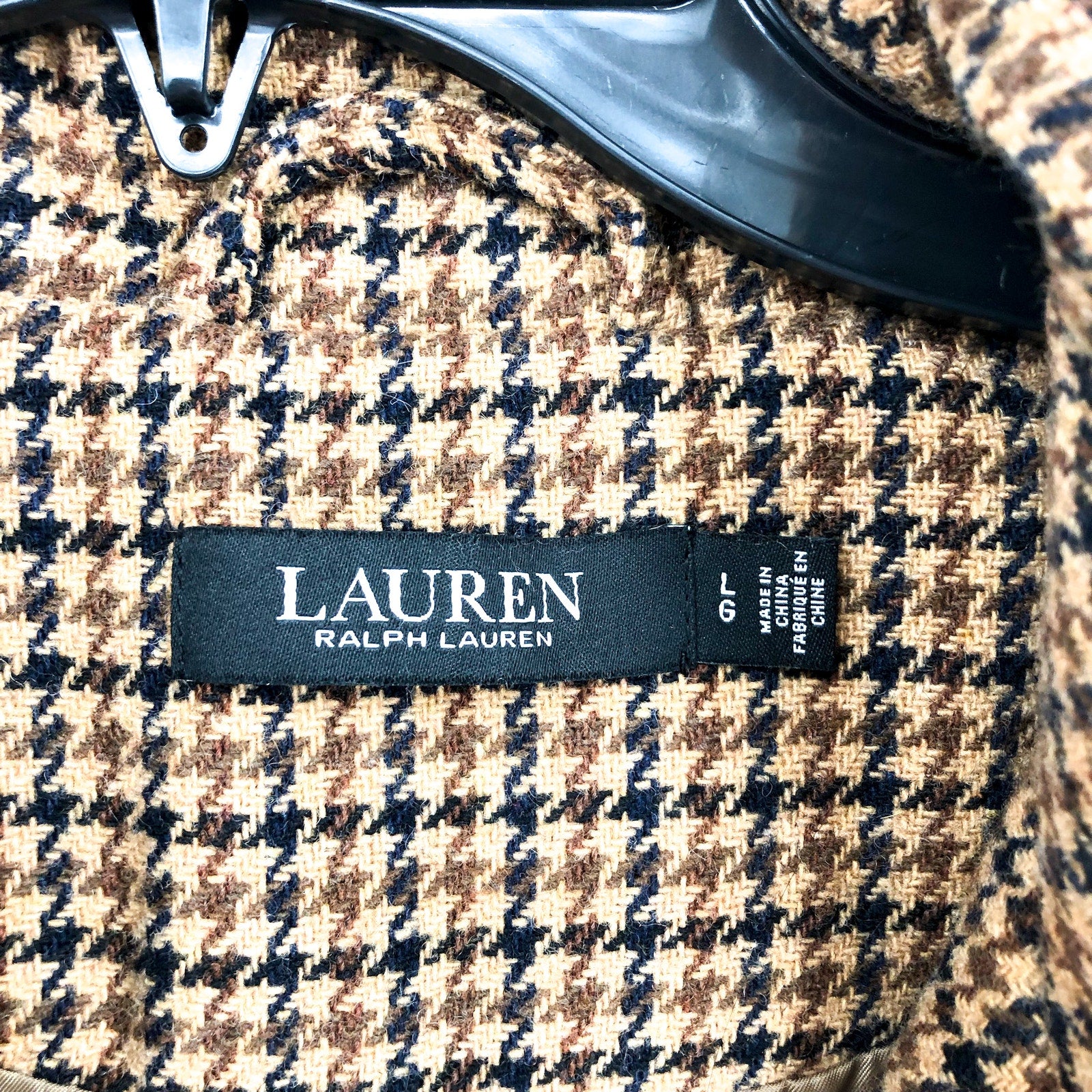 LAUREN RALPH LAUREN Womens Houndstooth Crest-Patch Puffer Coat Large Tan NWOT
