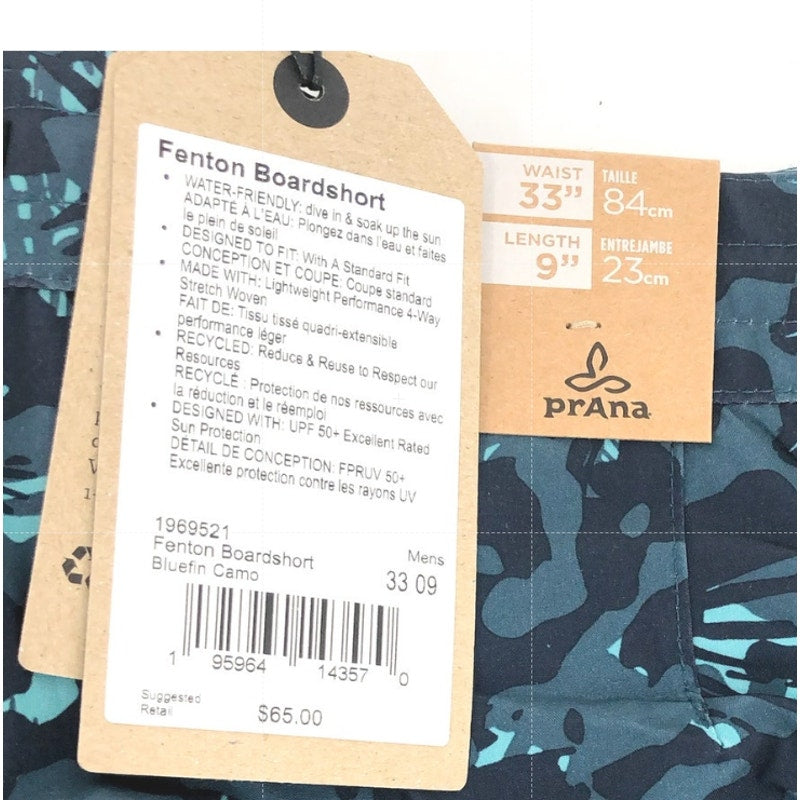 PRANA Mens Fenton Board Shorts Size 33 Medium Bluefin Camo 9" Inseam UPF 50+ NWT