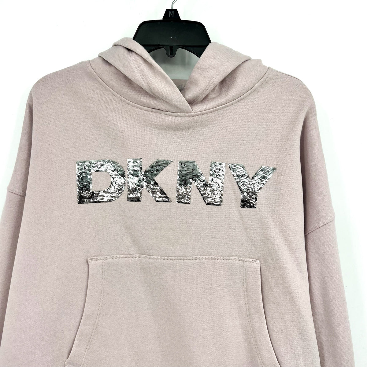 DKNY Women's Sequin Hoodie Small Pink Allure Pullover Sweatshirt NWT