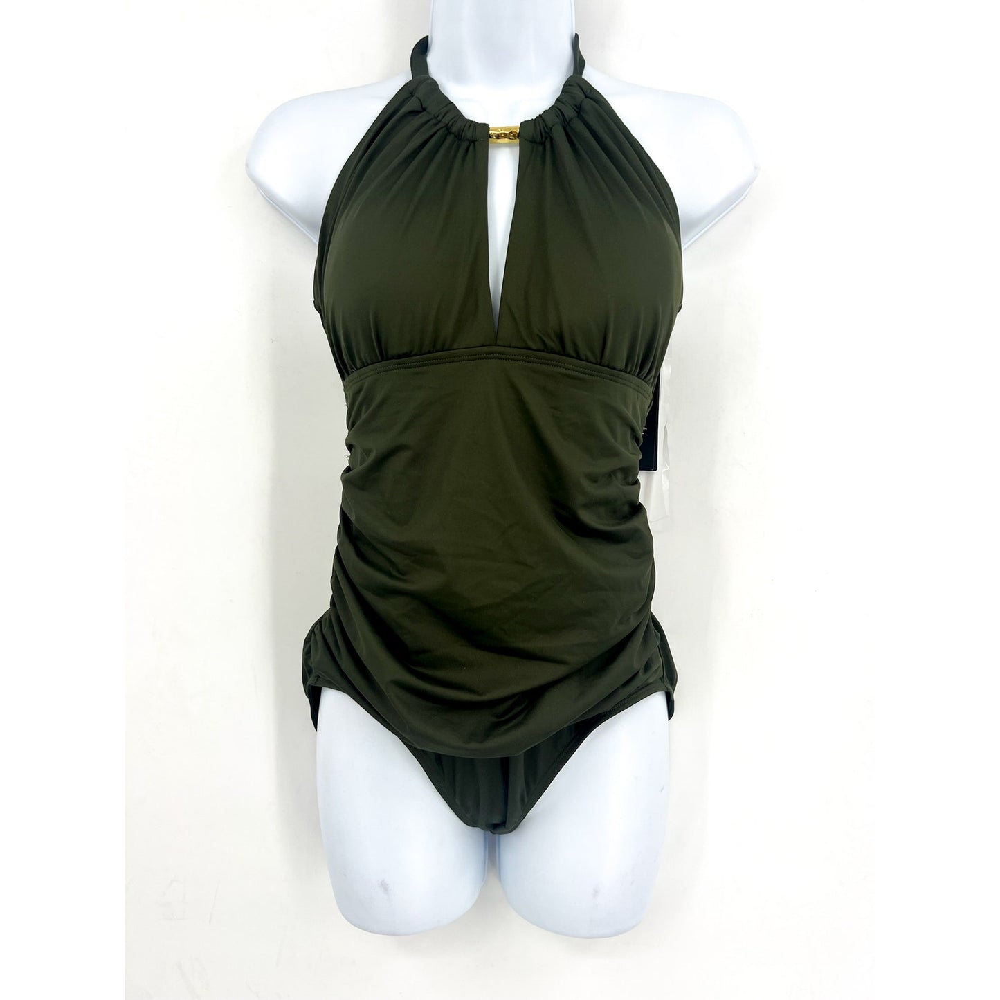 LAUREN RALPH LAUREN High Neck One-Piece Swimsuit 10 Olive Green Beach Club NWT