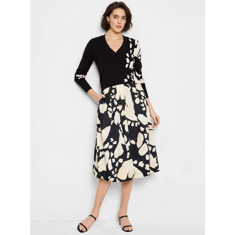 NIC + ZOE Evening Petal Bubble Midi Skirt Large Black White Floral Print NWT