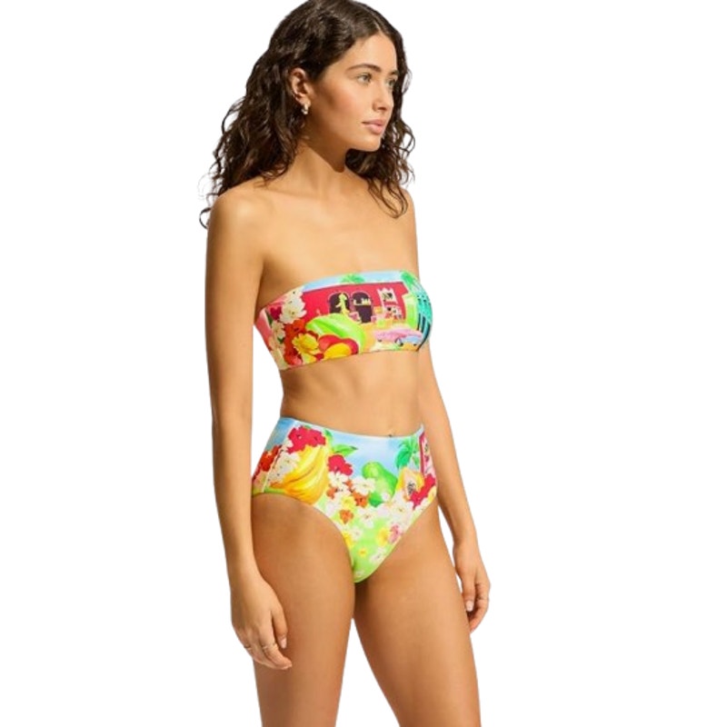 SEAFOLLY Women's Cuba Bandeau Bikini Top Size 10 Turquoise Multi Printed NWT