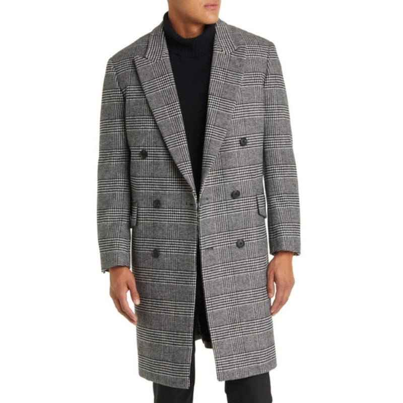 NORDSTROM Mens Overcoat Medium Black White City Glenn Plaid Wool Blend NWT
