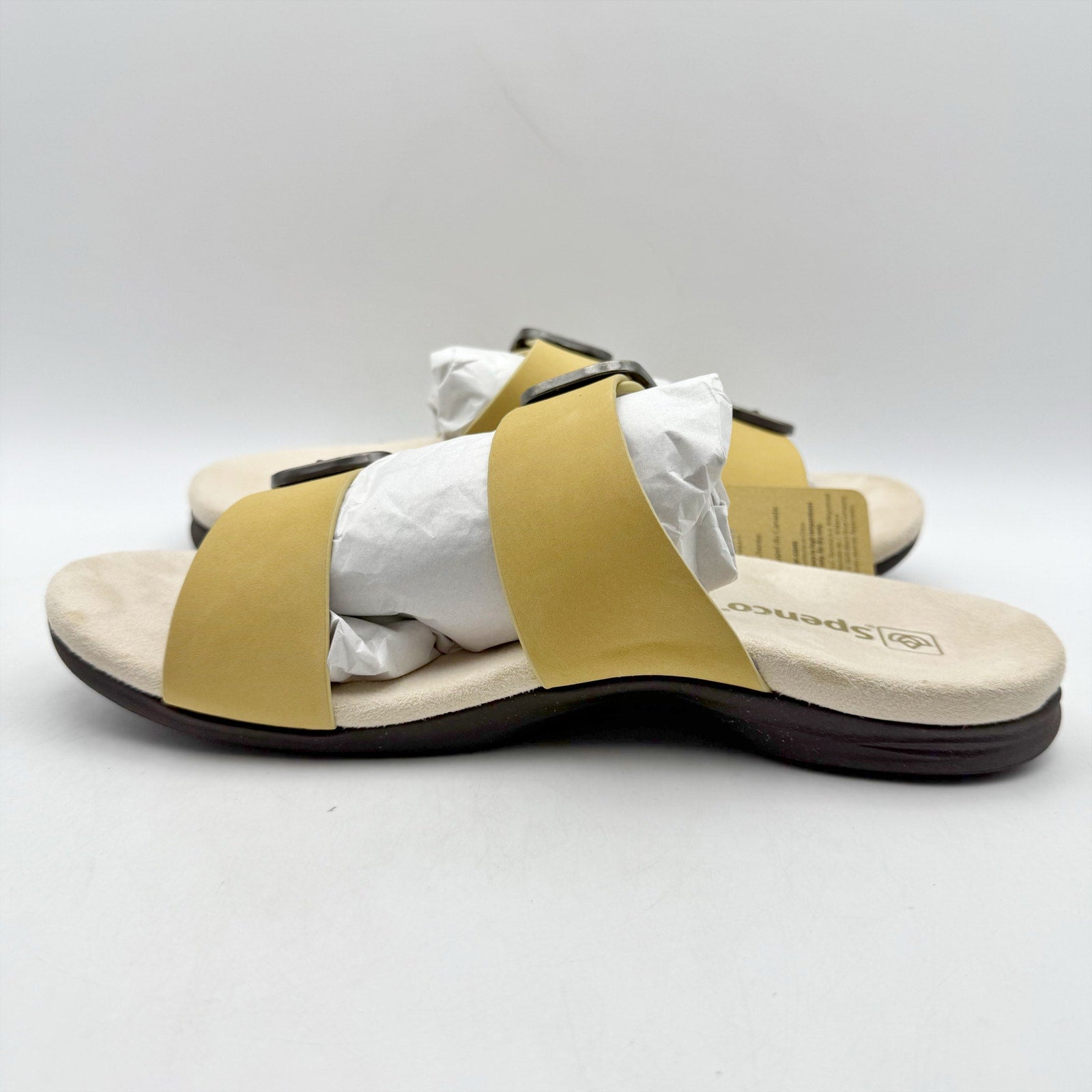 Spenco Womens Vista Slip On Sandals US 7.5 WIDE Yellow Leather Arch Support NIB