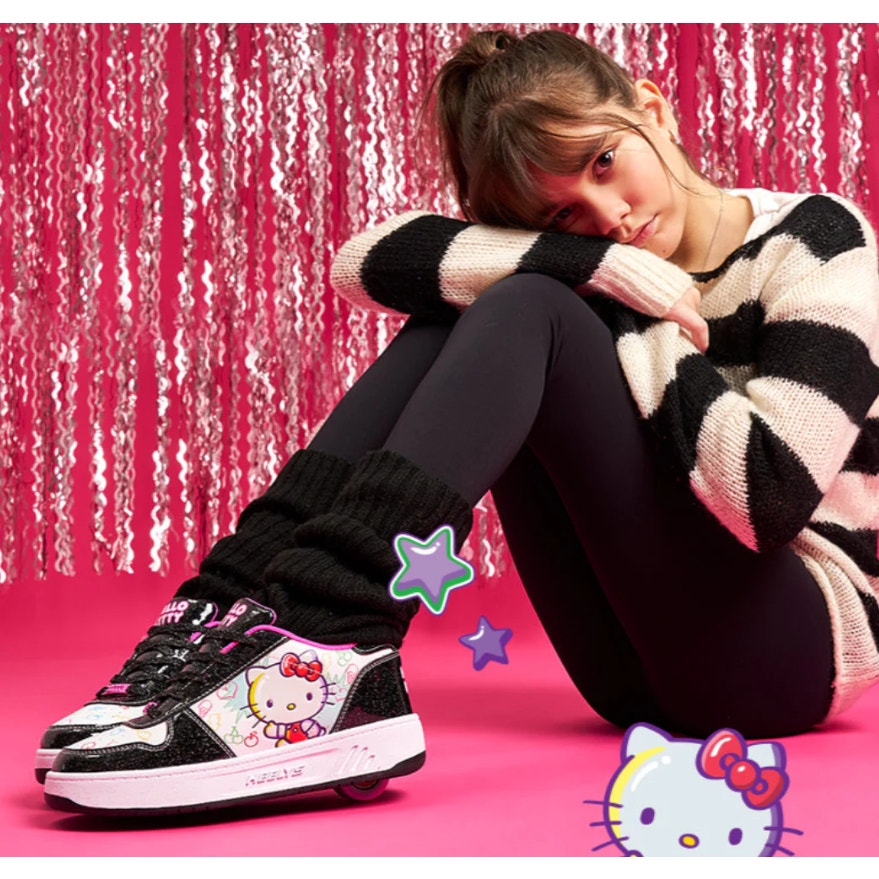 Heelys Hello Kitty Kama Sneakers BIG KIDS 7 Womens 8 WIDE Black White Wheels NIB