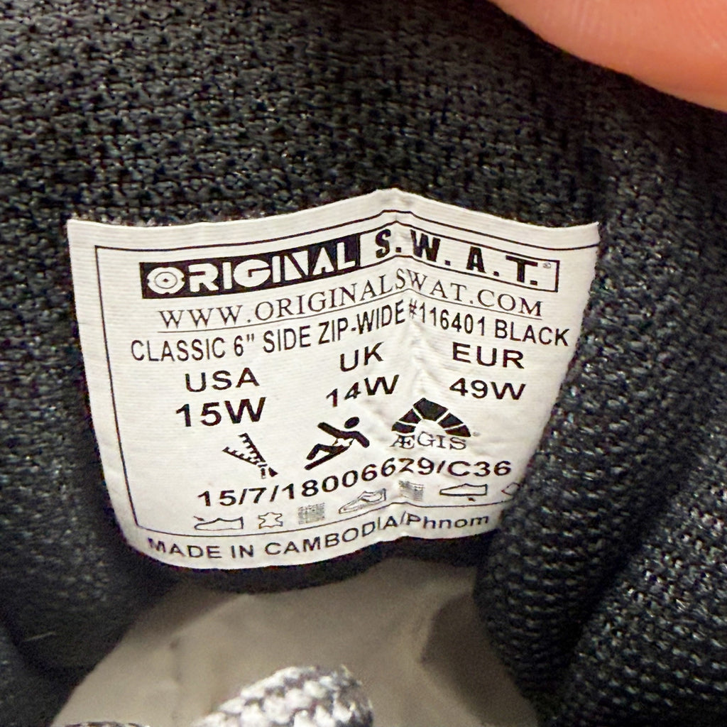 Original S.W.A.T. Mens Classic 6" Boots US 15 Wide Black Side-Zip SR NIB