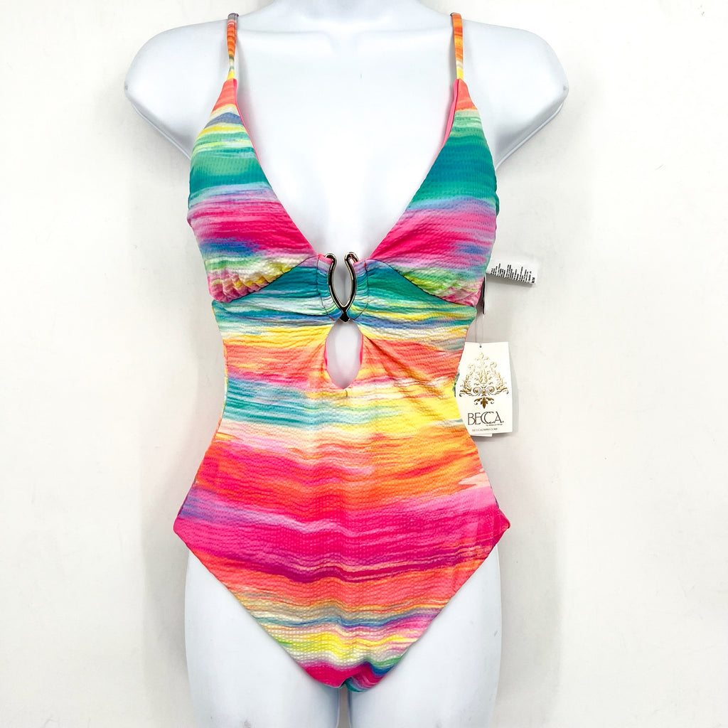 BECCA Women's Verano Plunge Neck One Piece Swimsuit Medium Pink Yellow NWT