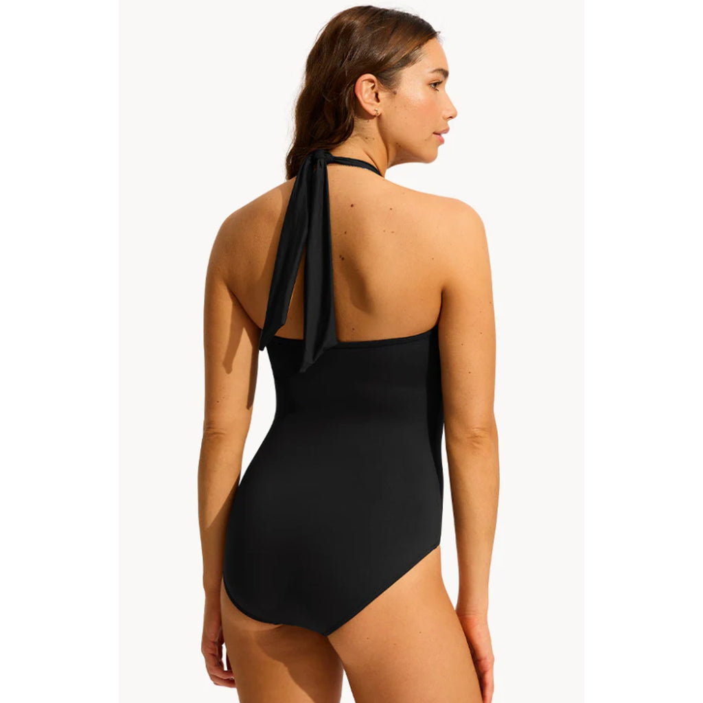 SEAFOLLY Women's Halter Bandeau One Piece Swimsuit Size 4 Black Twist Front NWT