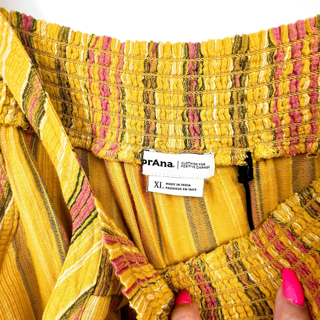 PRANA Women's Little Palm Cami Top XL Yellow Leapfrog Stripe Square Neck NWT
