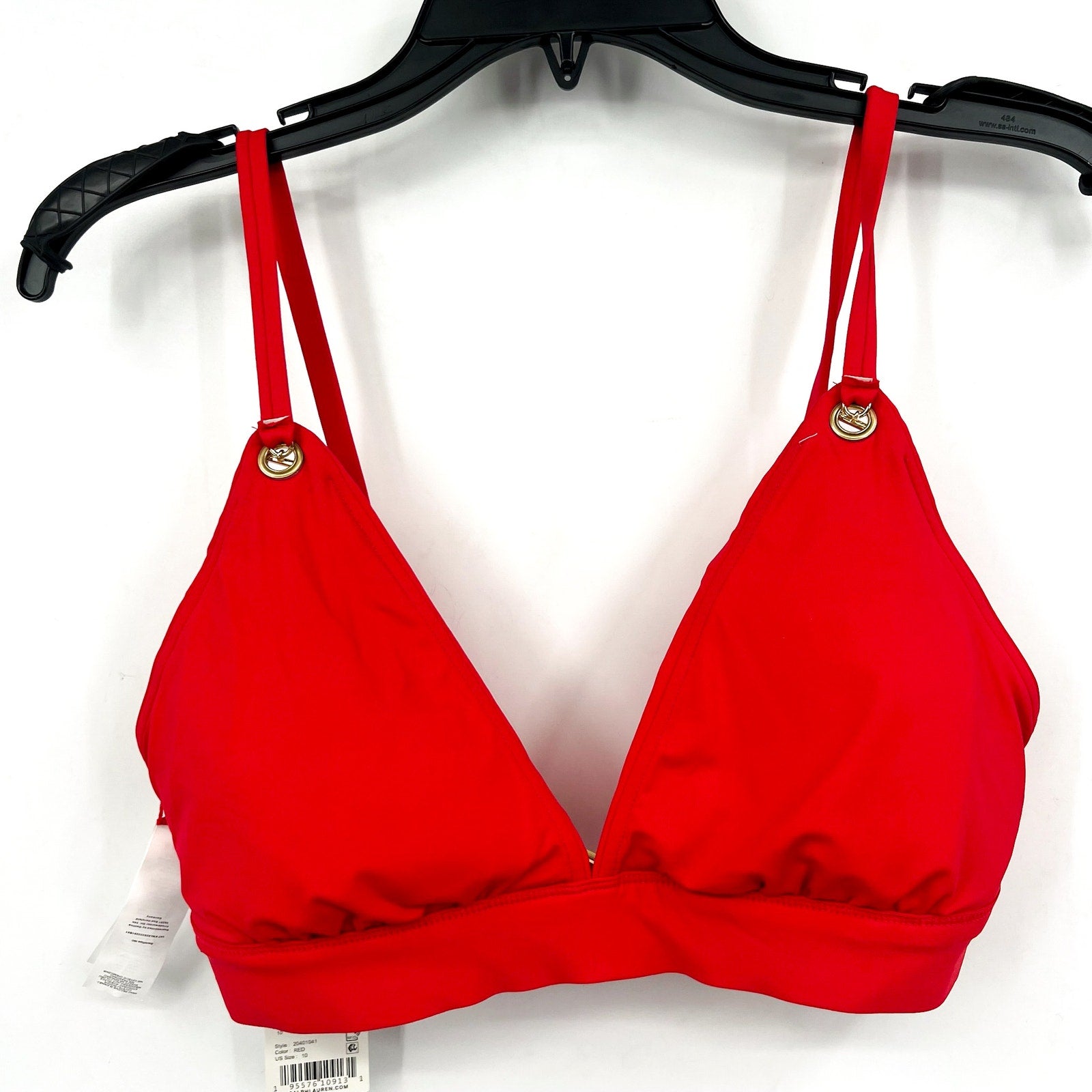 LAUREN RALPH LAUREN Toggle V Neck Bikini Top Size 10 Red Beach Club Solids NWT