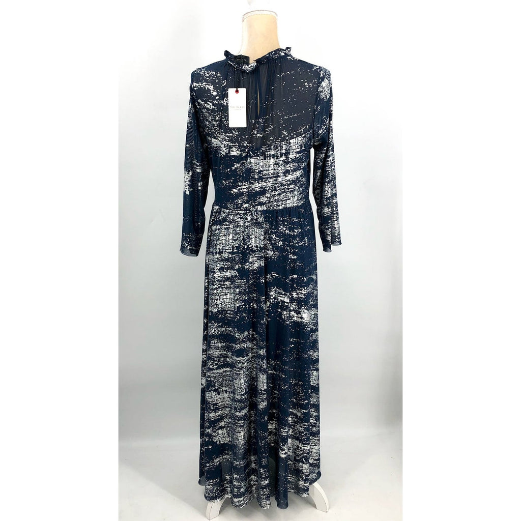 TED BAKER Iggiey Metallic Burnout Midi Dress Large US 12 Navy Blue NWT