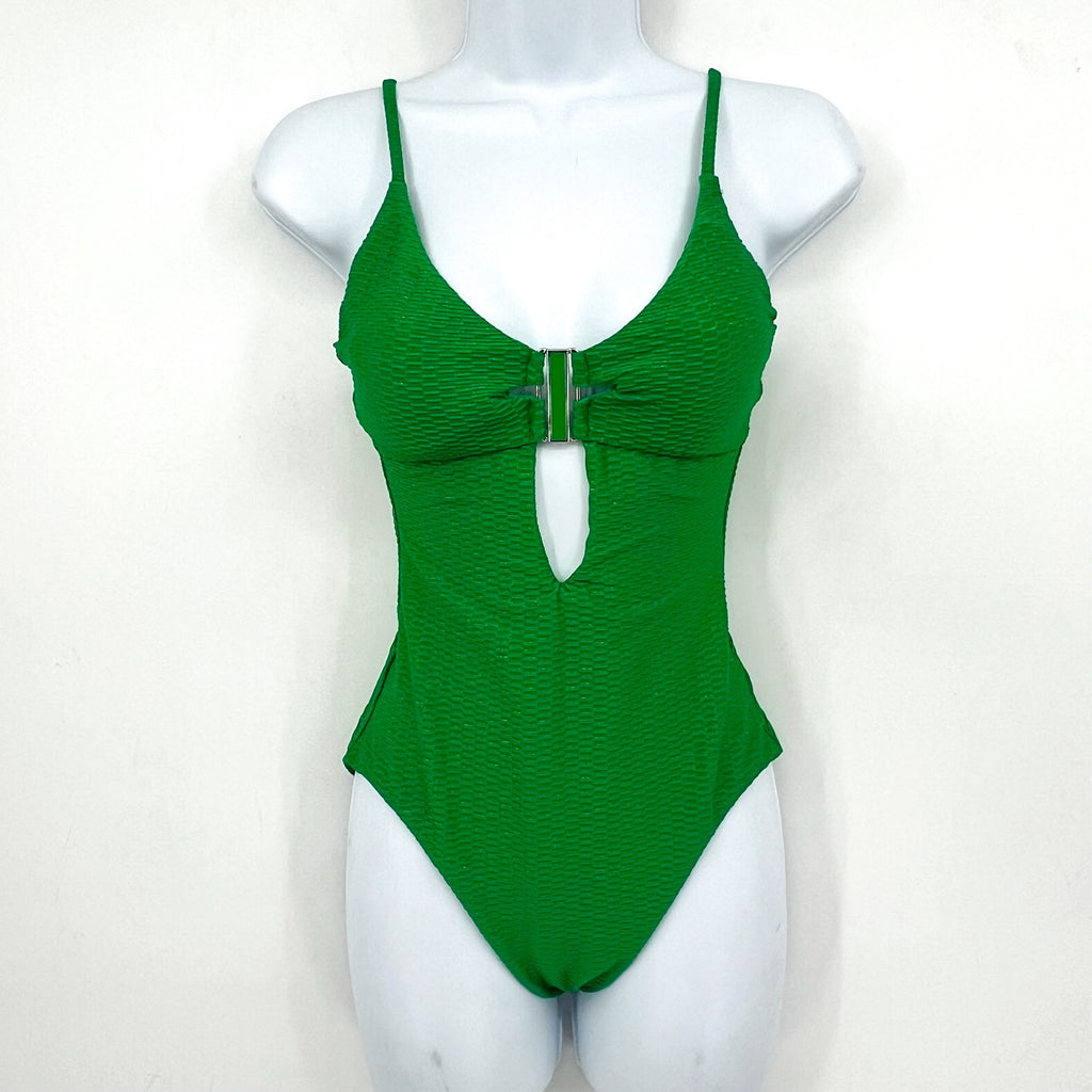 BECCA Women's Luxe Evelynn Plunge One Piece Swimsuit Medium Emerald Green NWT