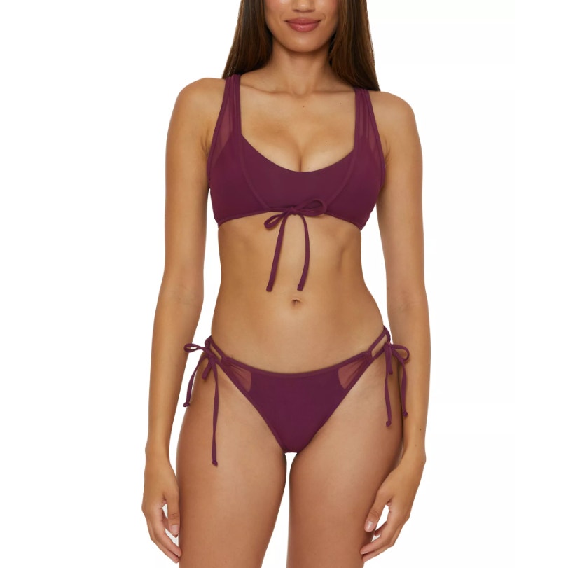 BECCA Women's Muse Mesh-Inset Side-Tie Bikini Bottoms XS Purple Aubergine NWT